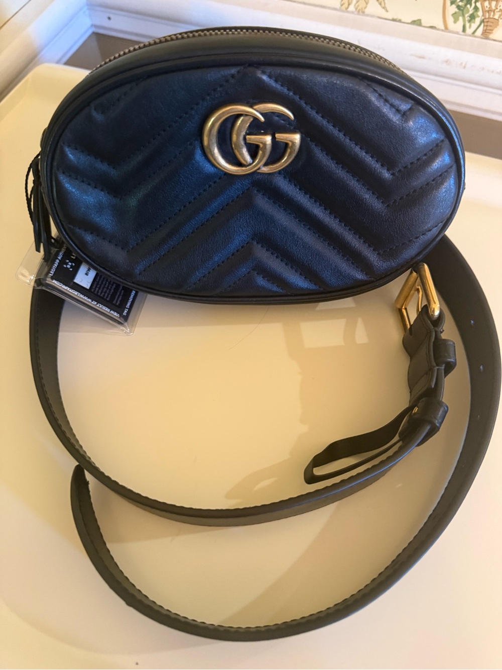 Gucci Black Chevron Leather Belt Bag with Gold hardware